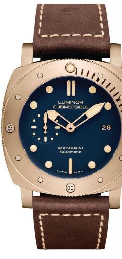 The Panerai Submersible Bronzo Blu Abisso features a bold bronze bezel with unidirectional rotation for the calculation of immersion time PHOTO COURTESY OF BRAND