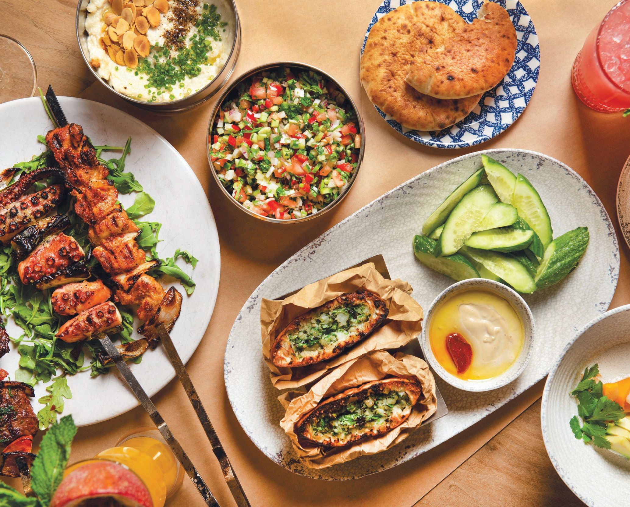 Mazeh’s vibrant Mediterranean dishes range from pitas to vegetables, skewers, dips and so much more. PHOTO BY LIZ CLAYMAN