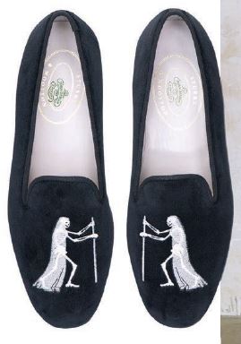 The Danse Macabre slippers by John Derian for Stubbs & Wootton are October’s footwear of choice. PHOTO COURTESY OF BRANDS