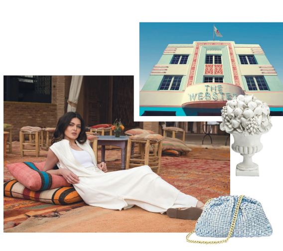 From left : Tighemi’s ivory Moroccan cashmere long tunic vest; The Webster South Beach is housed in a historic 1939 art deco building designed by famed architect Henry Hohauser; Items from the spring inventory at Th e Bazaar Project ALL PHOTOS COURTESY OF BRANDS