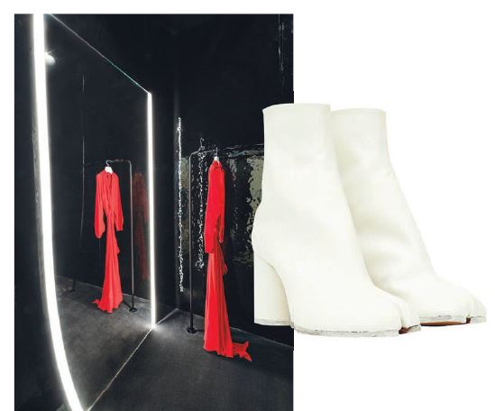 The redesigned Maison Margiela boutique; boots from the Replica Bianchetto line. PHOTO COURTESY OF BRANDS