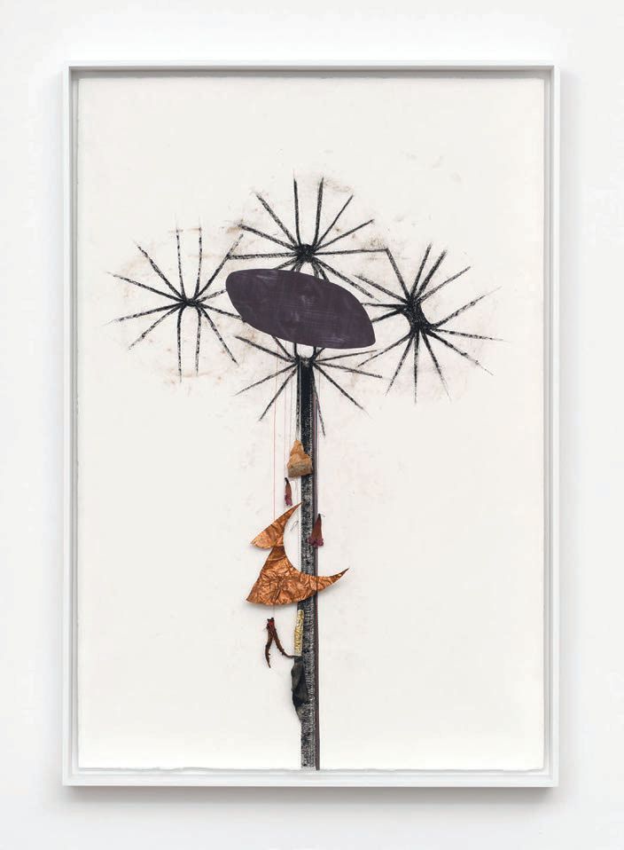 Harold Mendez, Whatsayer, 2023, charcoal, collage, frottage, archival print, dried cacti and ceiba tree flowers, tea leaves, cotton, aluminum, pigment, goat skin, thread, and oxidized copper on paper, lacquer frame. PHOTO: COURTESY OF VOLOSHYN GALLERY AND THE ARTIST.