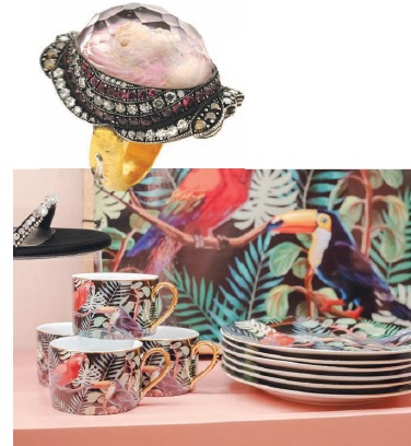 A ring by Sevan Biçakçi Tropical-themed china from The Bazaar Project PHOTO COURTESY OF THE STORES & BRANDS