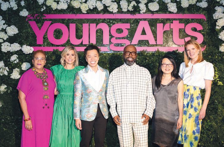 Rosie Gordon-Wallace, Danielle Garno, Clive Chang, Derrick Adams, Jean Shin Sarah Arison at YoungArts Miami Gala. PHOTO BY BFA, COURTESY OF YOUNGARTS