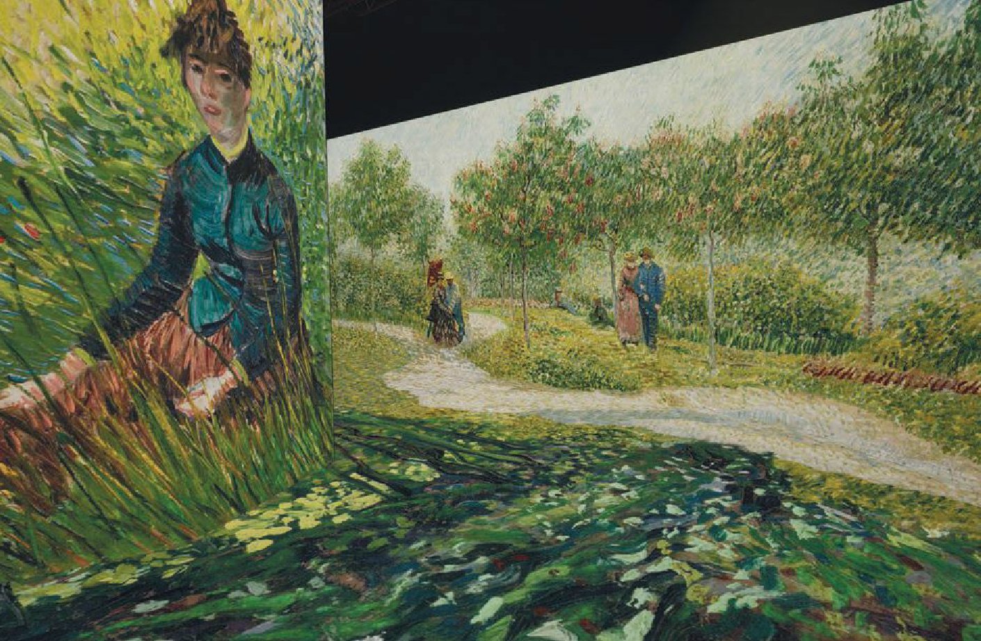 Interactive treatments of “Woman Sitting in the Grass” and “Garden with Courting Couples: Square Saint- Pierre” and “The Starry Night” by Vincent Van Gogh. PHOTO COURTESY OF VAN GOGH: AN IMMERSIVE EXPERIENCE