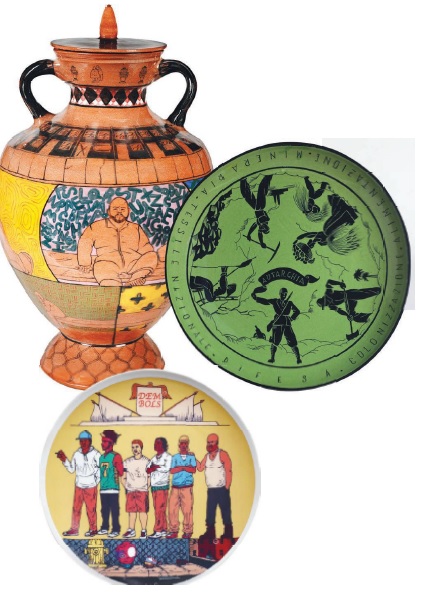 From left : Roberto Lugo, vase, “Prison Sequence Amphora” (2022); Golia (pseudonym for Eugenio Colmo, Italian, 1885-1967), plate, “Autarchia [Autarky]” (1938), Turin, Italy. Roberto Lugo, commemorative plate (2022) CLOCKWISE FROM TOP LEFT, PHOTOS: COURTESY OF THE ARTIST AND R & COMPANY; COURTESY OF THE WOLFSONIAN-FLORIDA INTERNATIONAL UNIVERSITY, MIAMI BEACH,
FLORIDA, THE MITCHELL WOLFSON, JR. COLLECTION; COURTESY OF THE WOLFSONIAN-FLORIDA INTERNATIONAL UNIVERSITY, MIAMI BEACH, FLORIDA,
THE MITCHELL WOLFSON, JR. COLLECTION