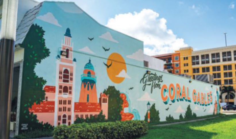 “Greetings from Coral Gables” mural at McBride Plaza by Chalk & Brush. PHOTO COURTESY OF CITY OF CORAL GABLES