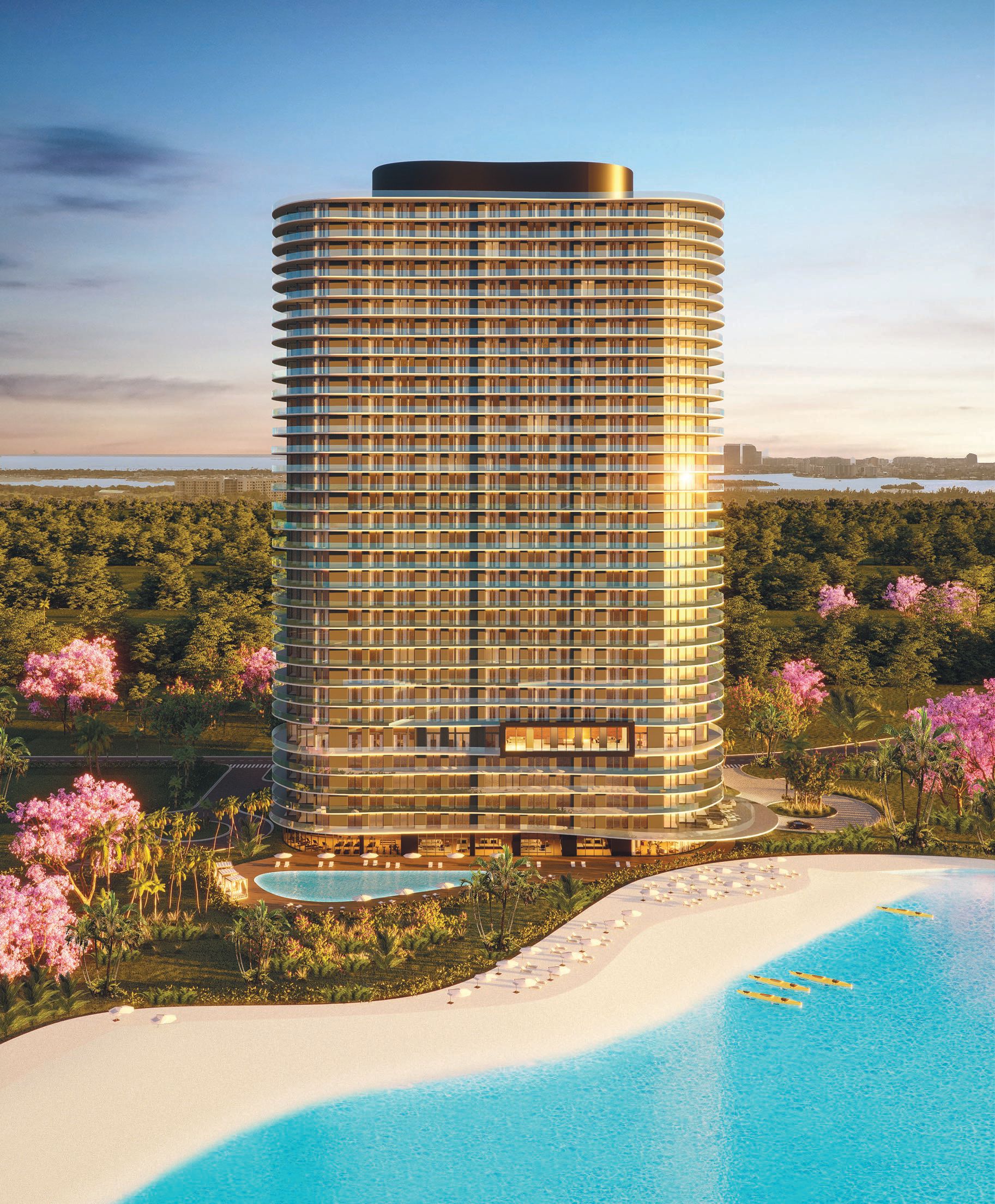 Exterior rendering of ONE Park Tower and its lagoon PHOTO COURTESY OF ONE PARK TOWER BY TURNBERRY